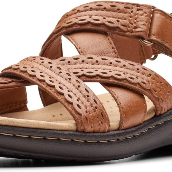Womens Leather Flat Sandals 8 Tan Combi Rubber Sole Adjustable Strap Comfort - Picture 1 of 8